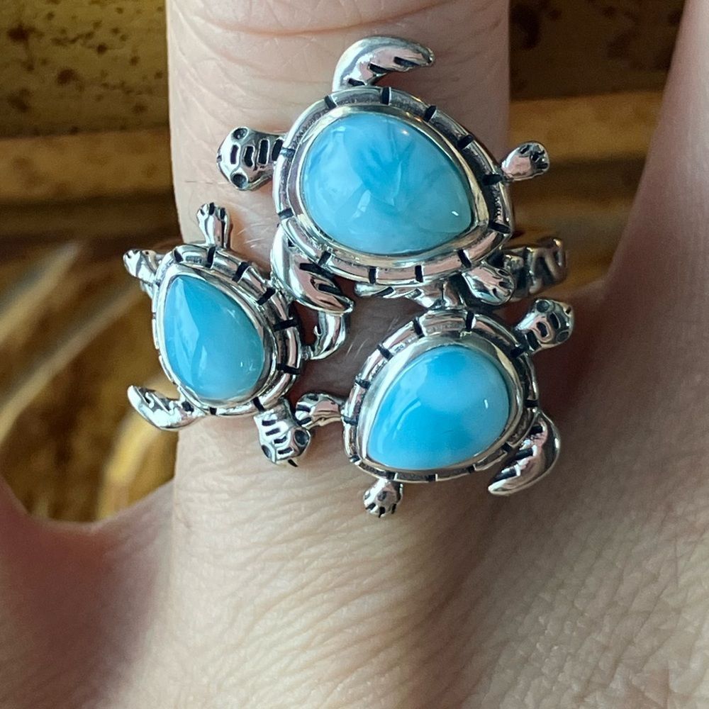 Natural Larimar Sterling Silver Turtle Ring Size 6